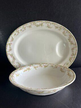 Haviland Limoges France Oval Serving Bowl Pink Roses & Green Garland #346 1903yr